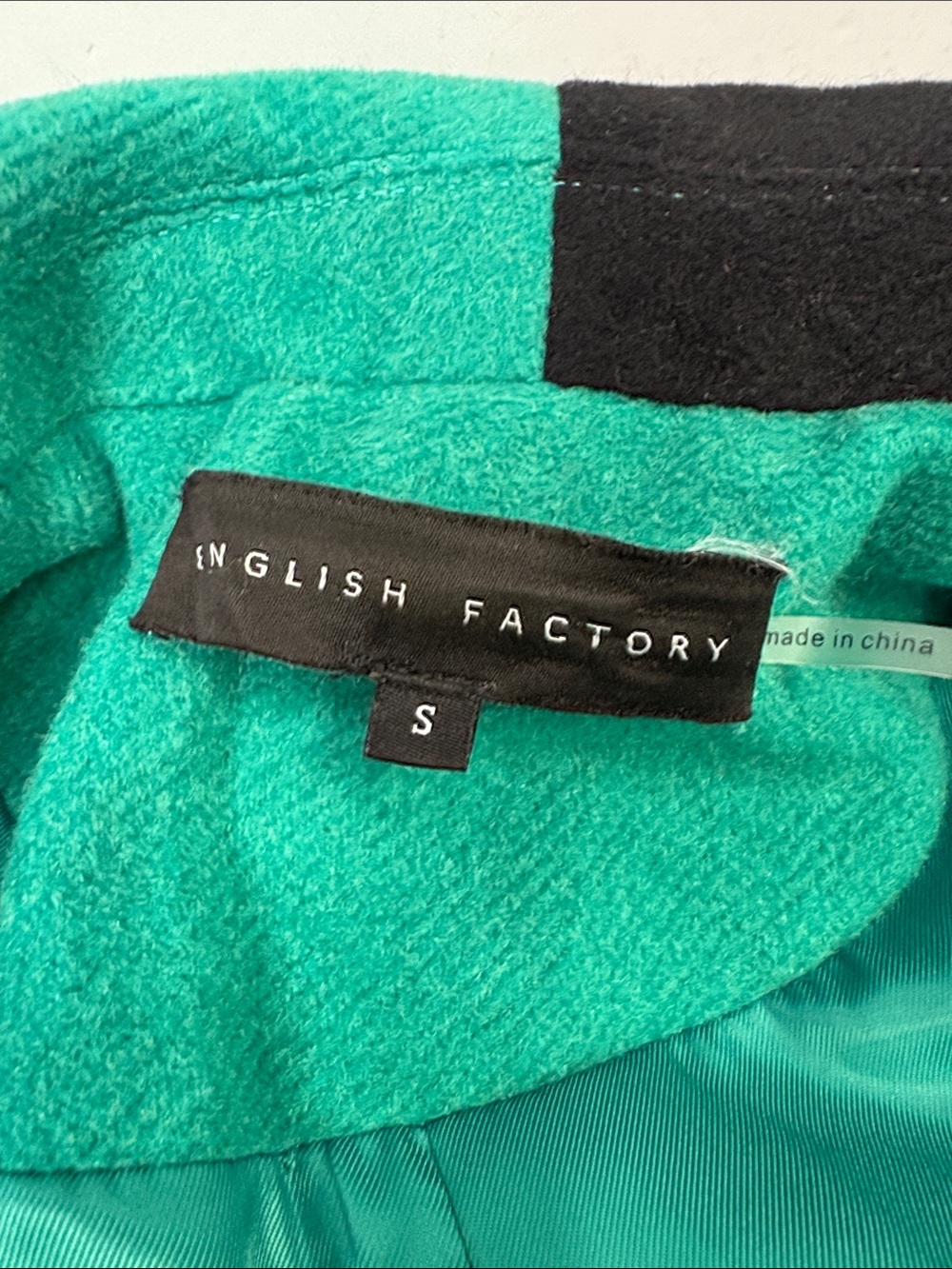 English Factory Colorblock Wool Blend Long Coat Green Black Cream S - Picture 10 of 15